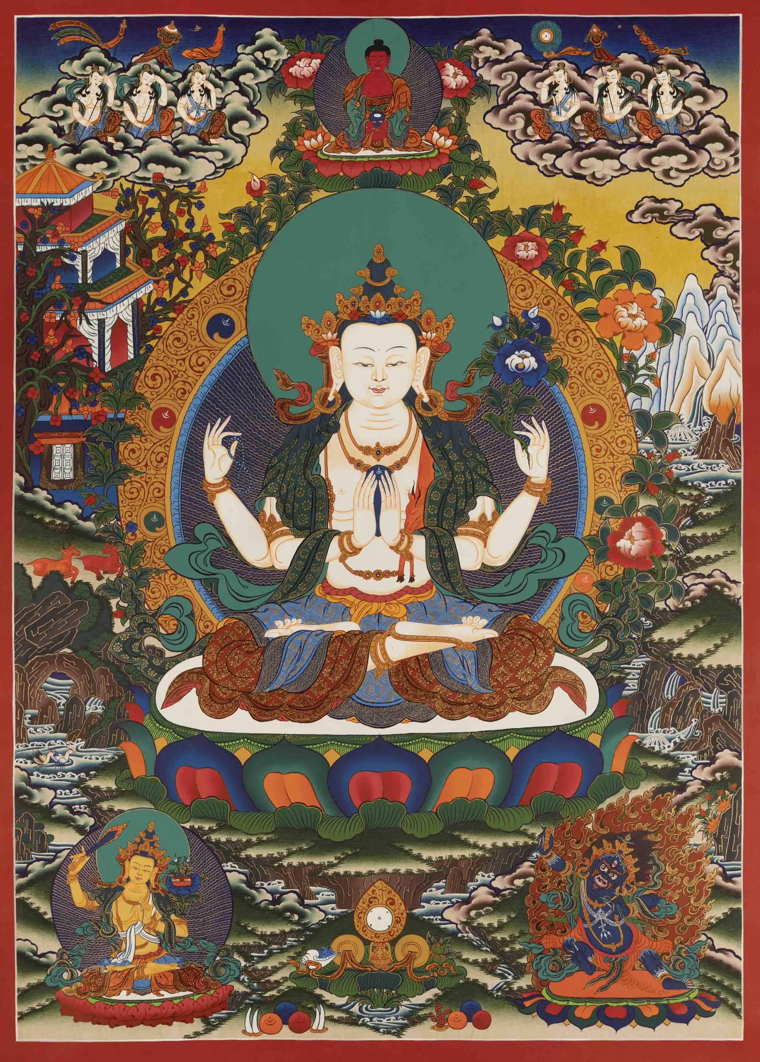 Avalokitesvara Chengrezig Thangka Followed By Manjushree And Mahakala | Bodhisattva Of Compassion